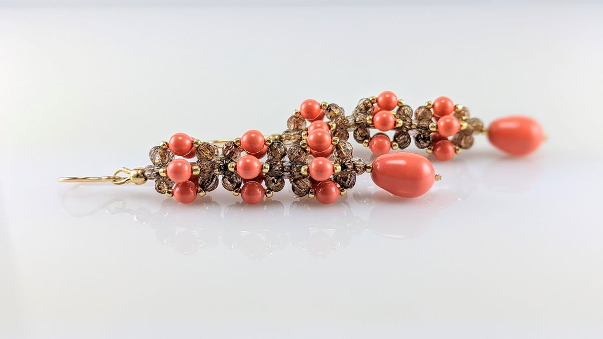 Coral crystal pearl earrings