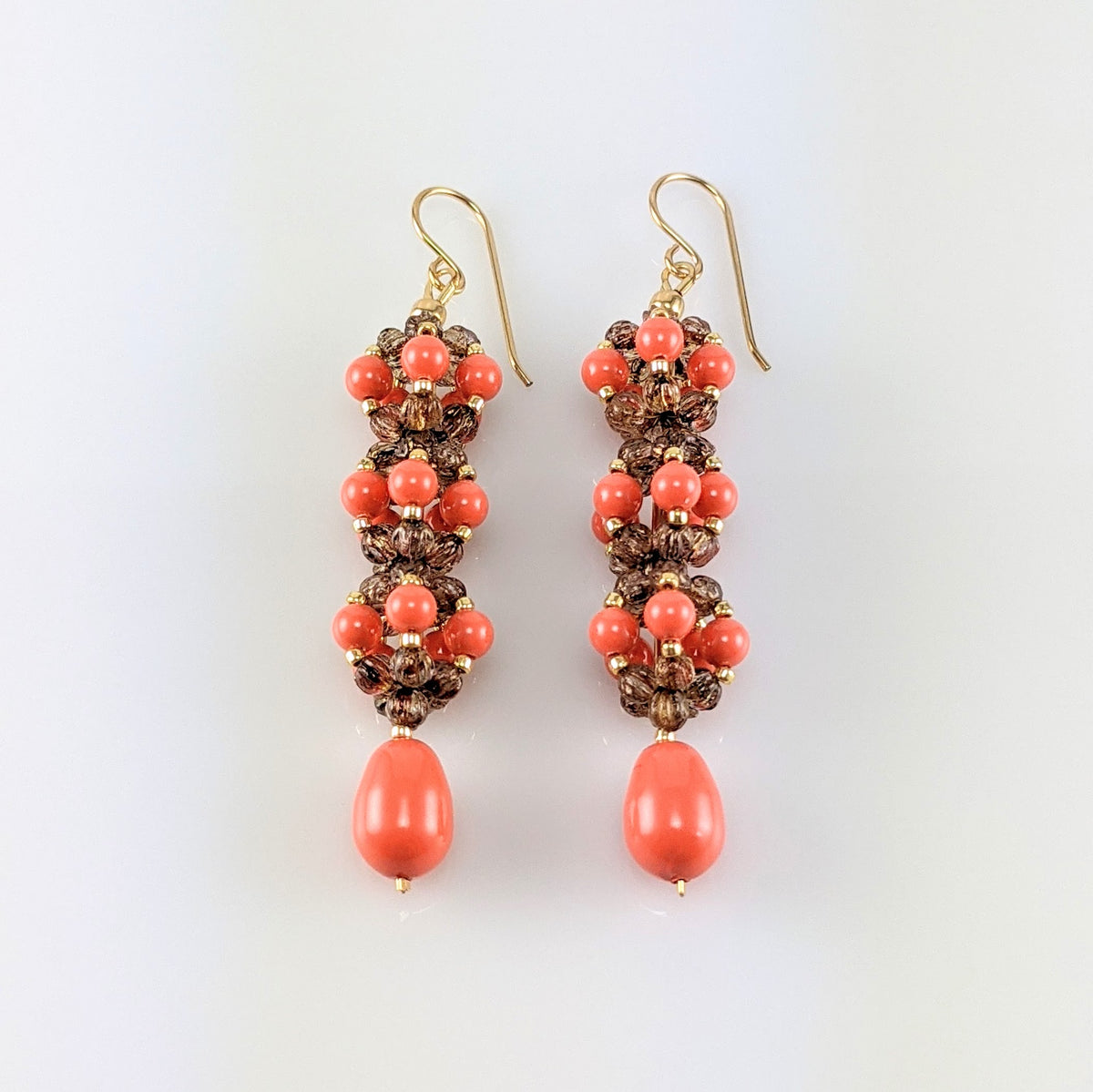 Coral crystal pearl earrings