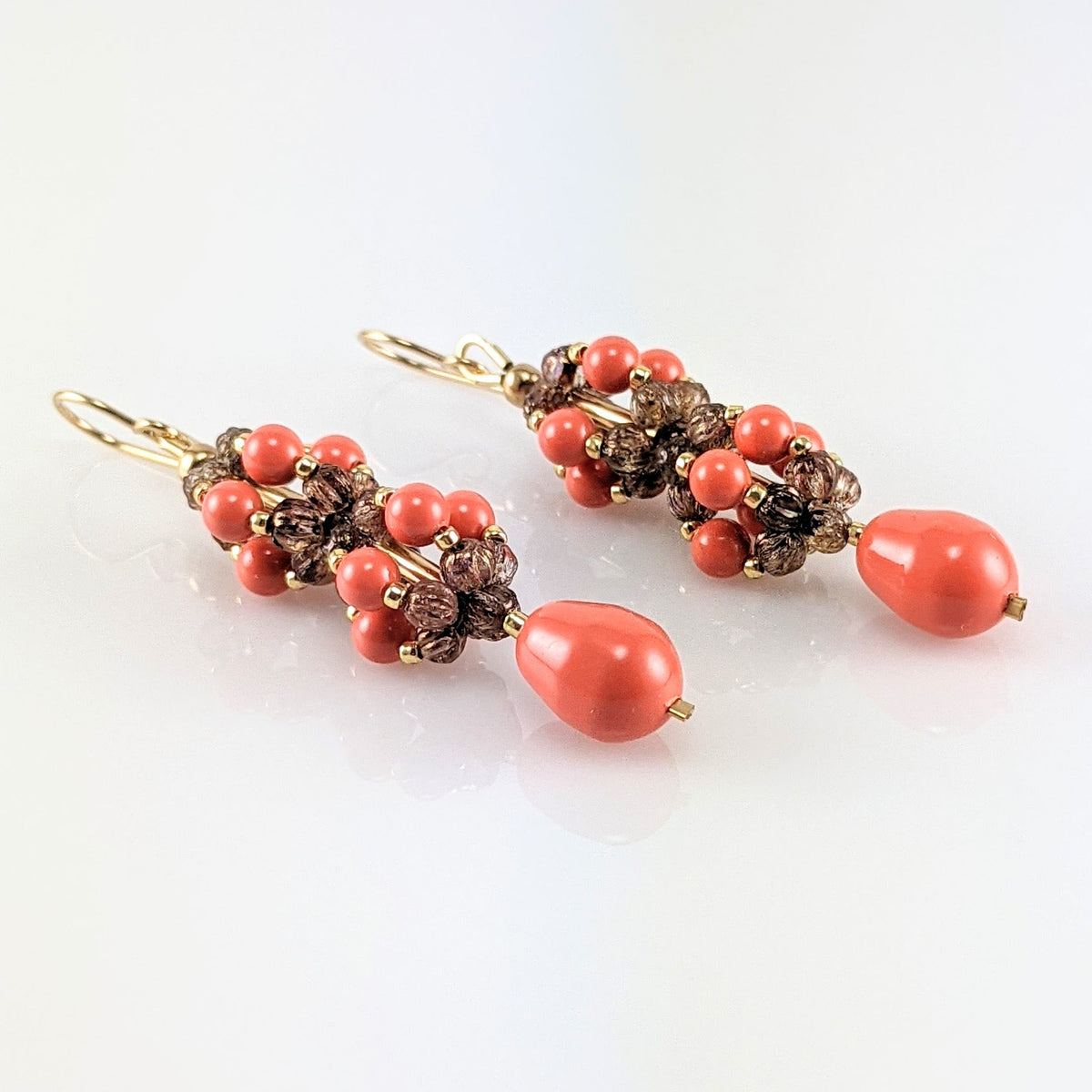 Coral crystal pearl earrings