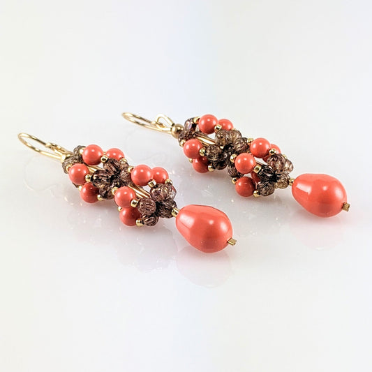 Coral crystal pearl earrings