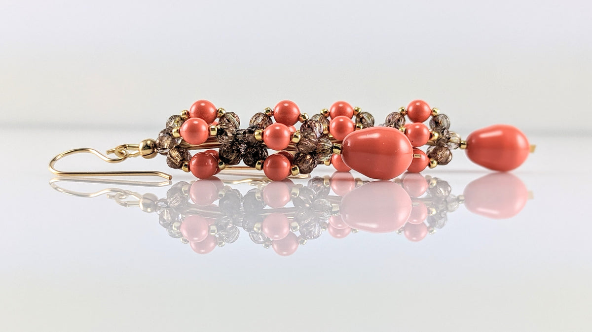 Coral crystal pearl earrings