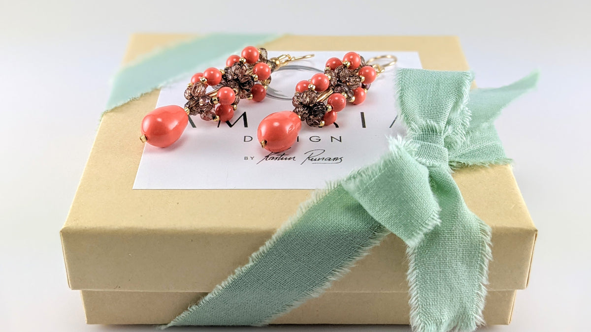Coral crystal pearl earrings