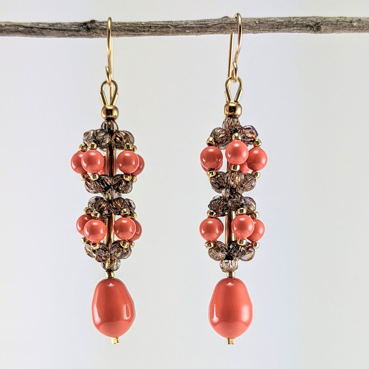 Coral crystal pearl earrings