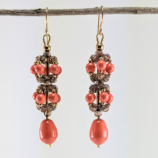 Coral crystal pearl earrings
