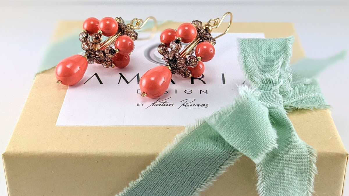 Coral crystal pearl earrings