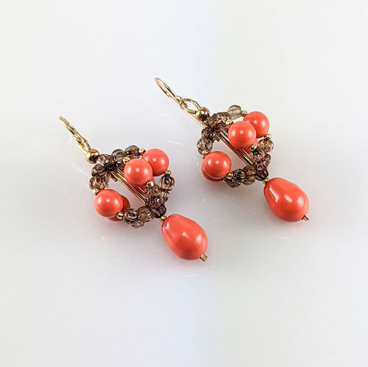 Coral crystal pearl earrings