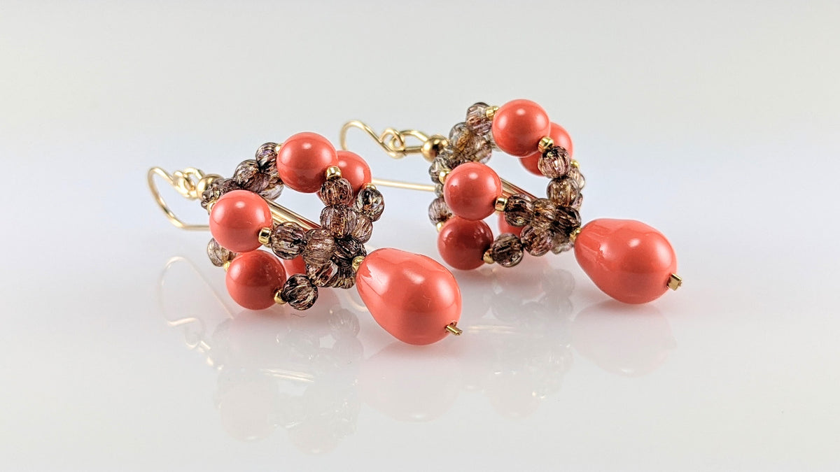 Coral crystal pearl earrings