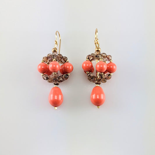 Coral crystal pearl earrings