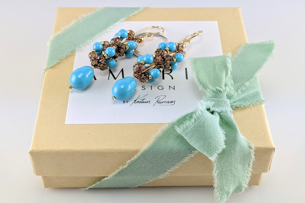 Turquoise blue crystal pearl earrings