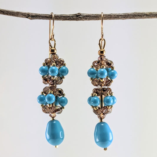 Turquoise blue crystal pearl earrings
