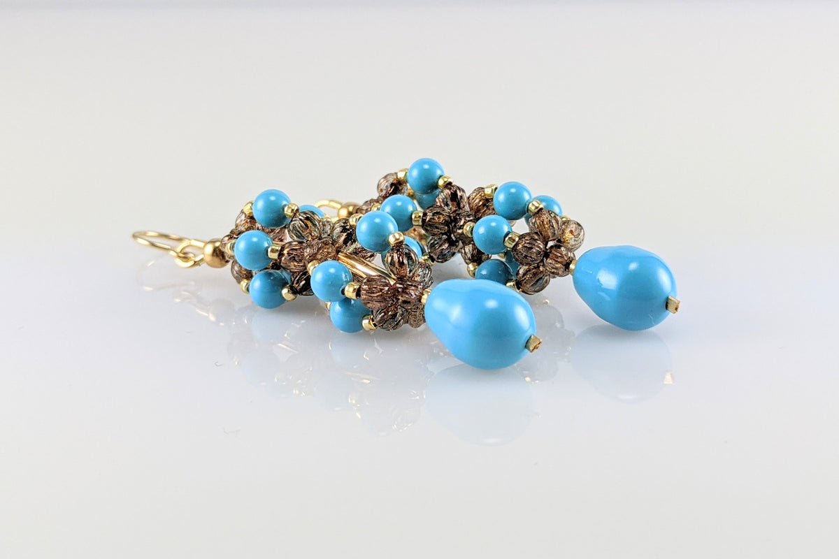 Turquoise blue crystal pearl earrings