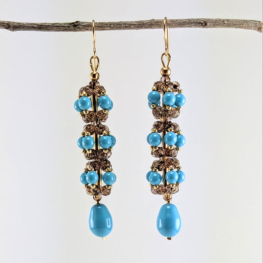 Turquoise blue crystal pearl earrings