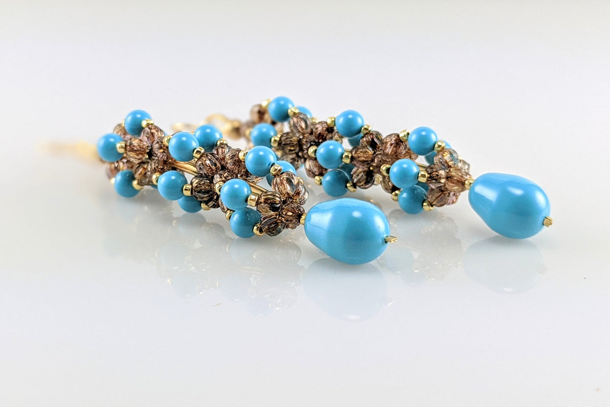 Turquoise blue crystal pearl earrings