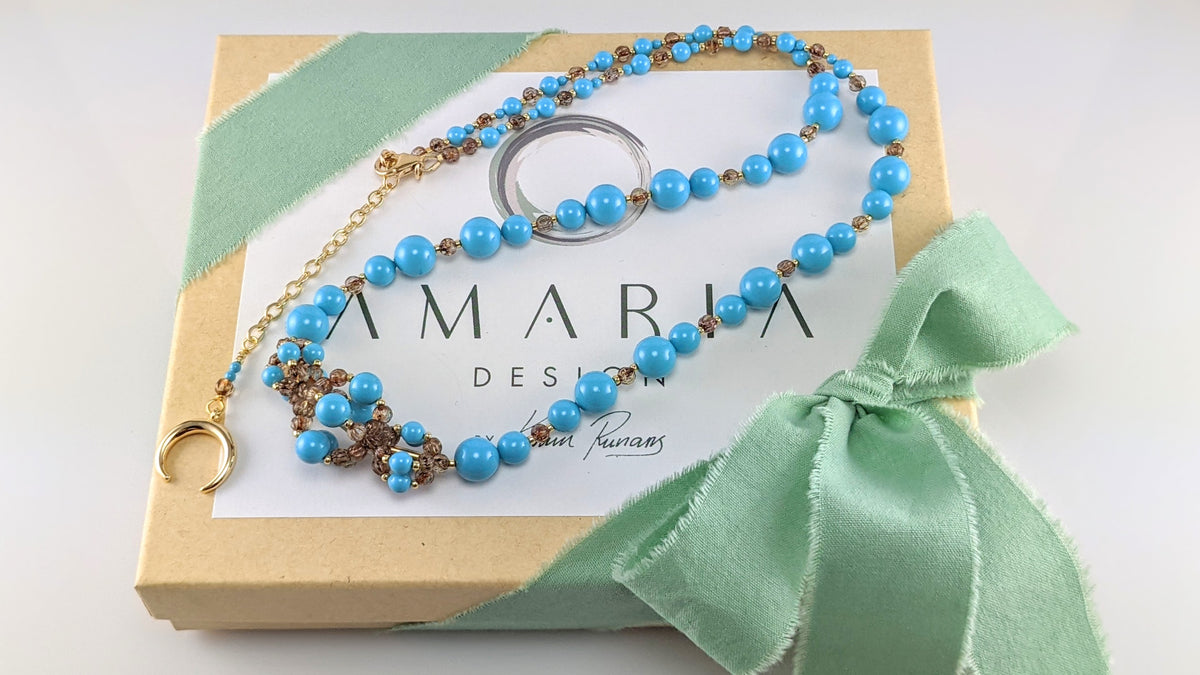 Turquoise blue crystal pearl necklace