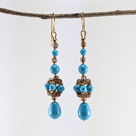 Turquoise blue crystal pearl earrings