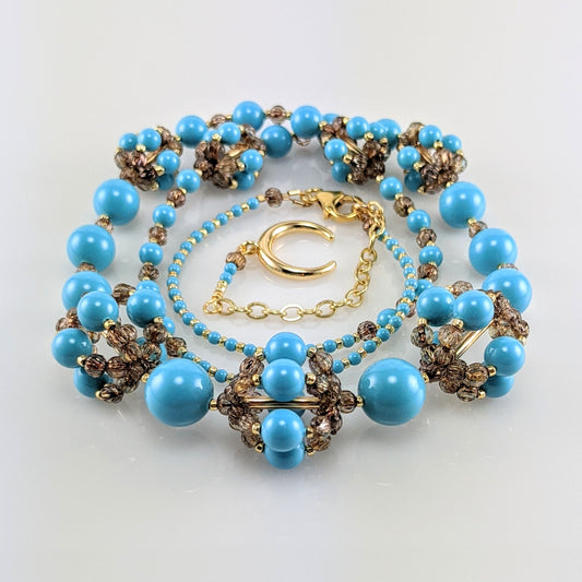 Turquoise blue crystal pearl necklace
