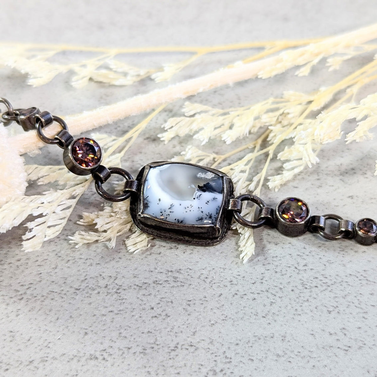 Dendritic Agate Silver Bracelet with umber accents