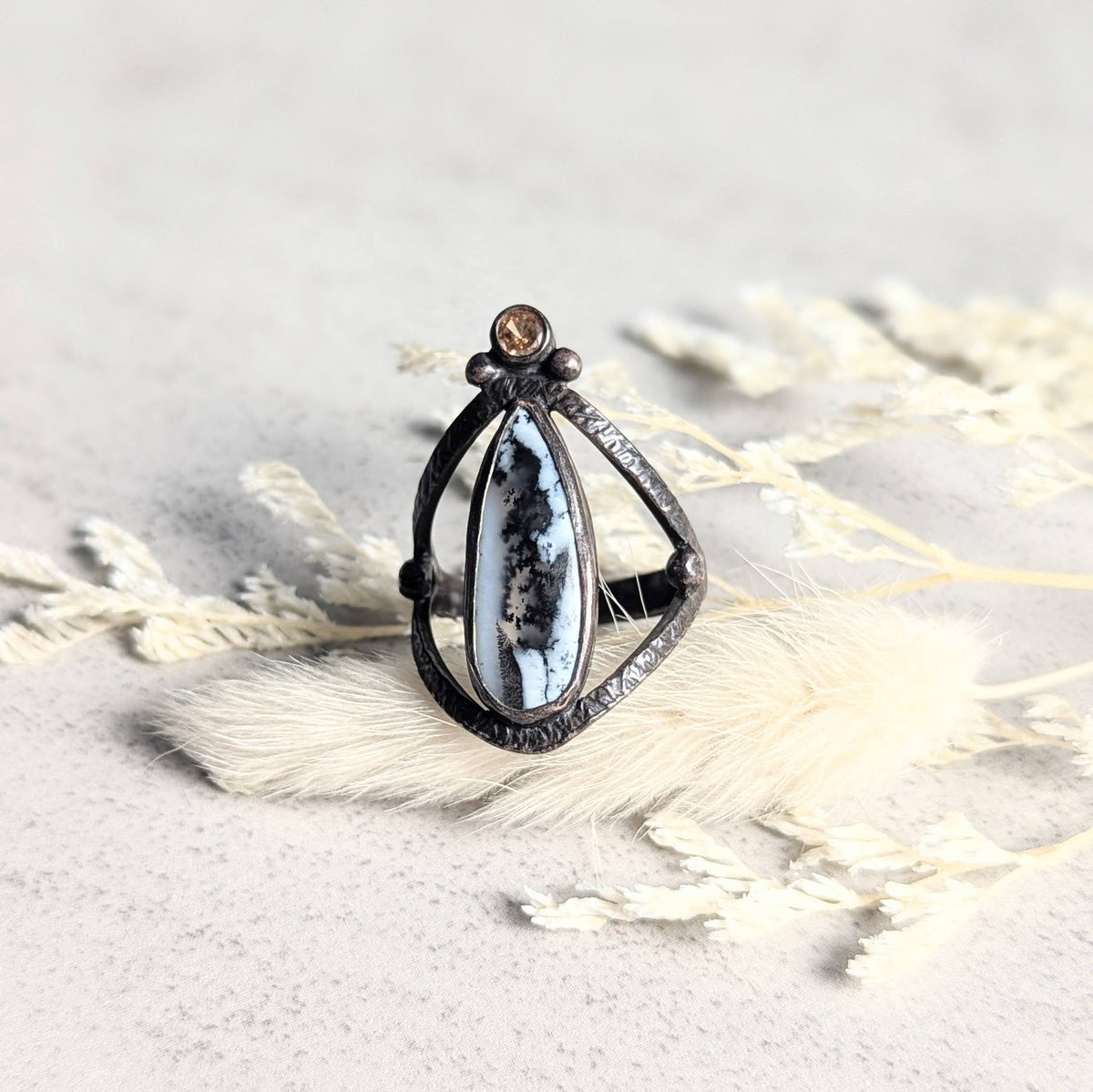 Dendritic Agate silver ring with golden accent