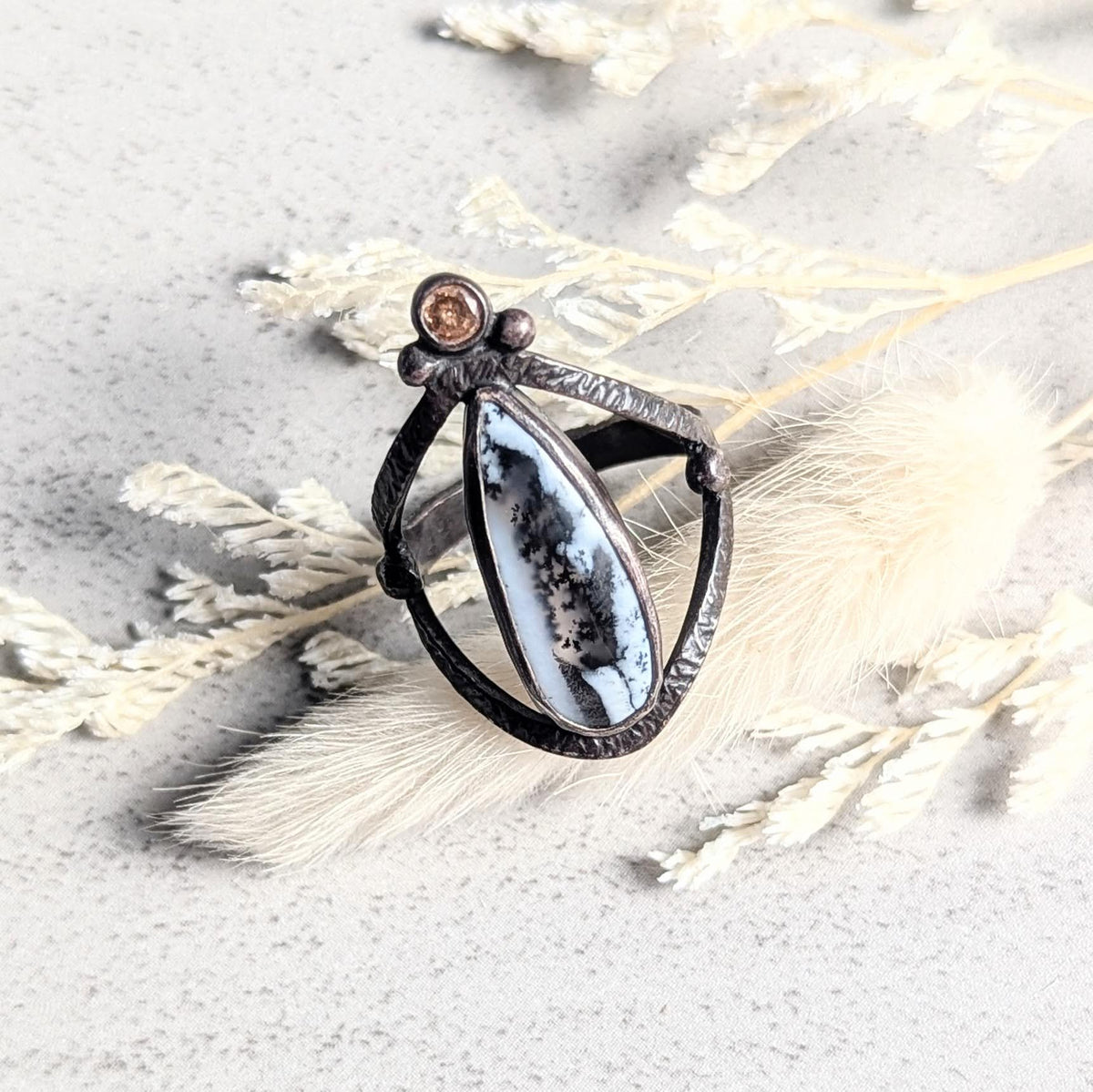 Dendritic Agate silver ring with golden accent