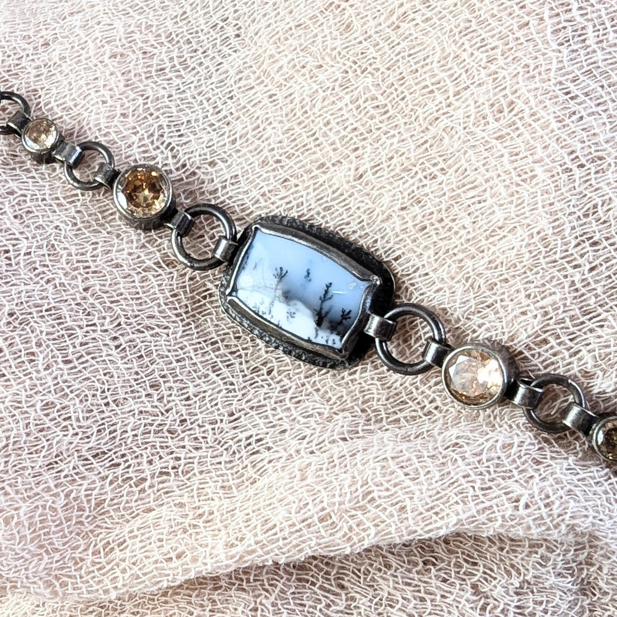 Dendritic Agate silver bracelet with Golden accents