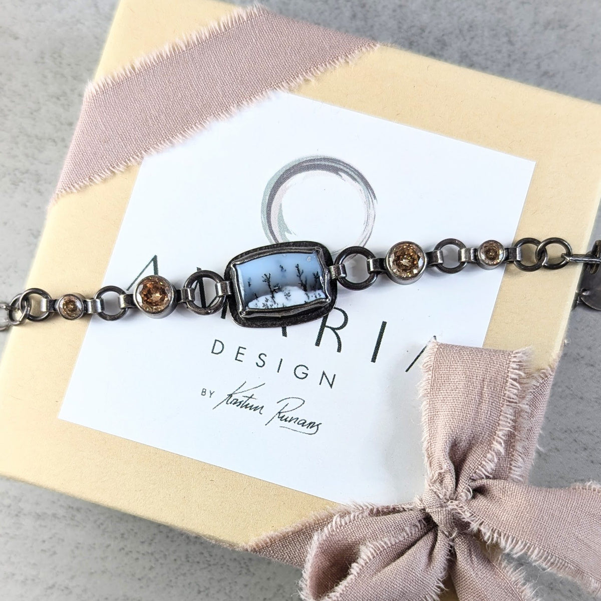 Dendritic Agate silver bracelet with Golden accents