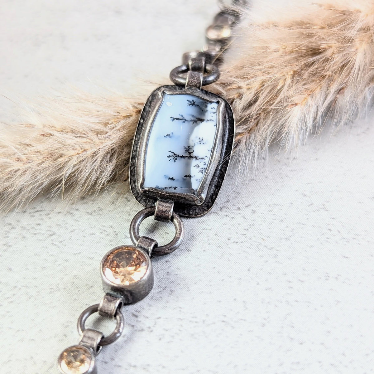 Dendritic Agate silver bracelet with Golden accents