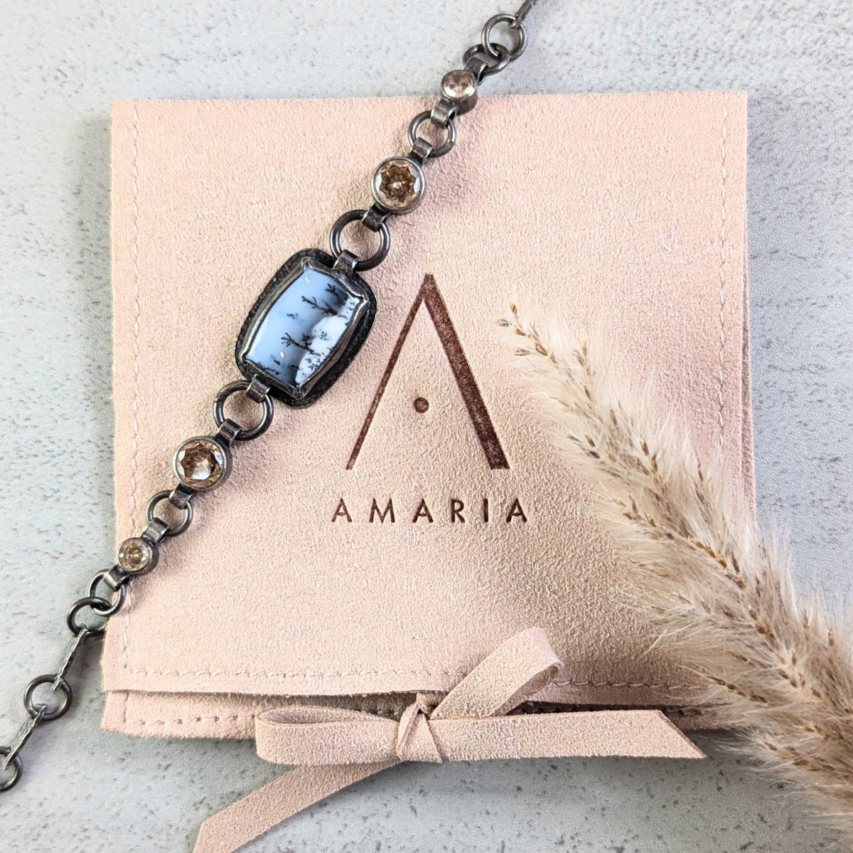 Dendritic Agate silver bracelet with Golden accents