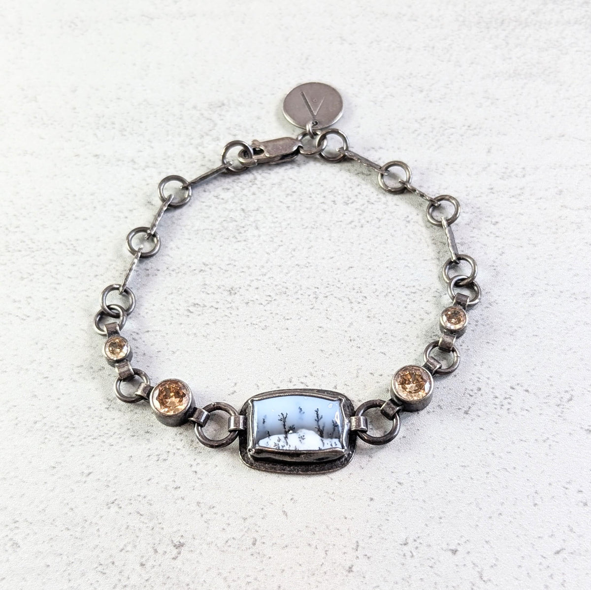 Dendritic Agate silver bracelet with Golden accents