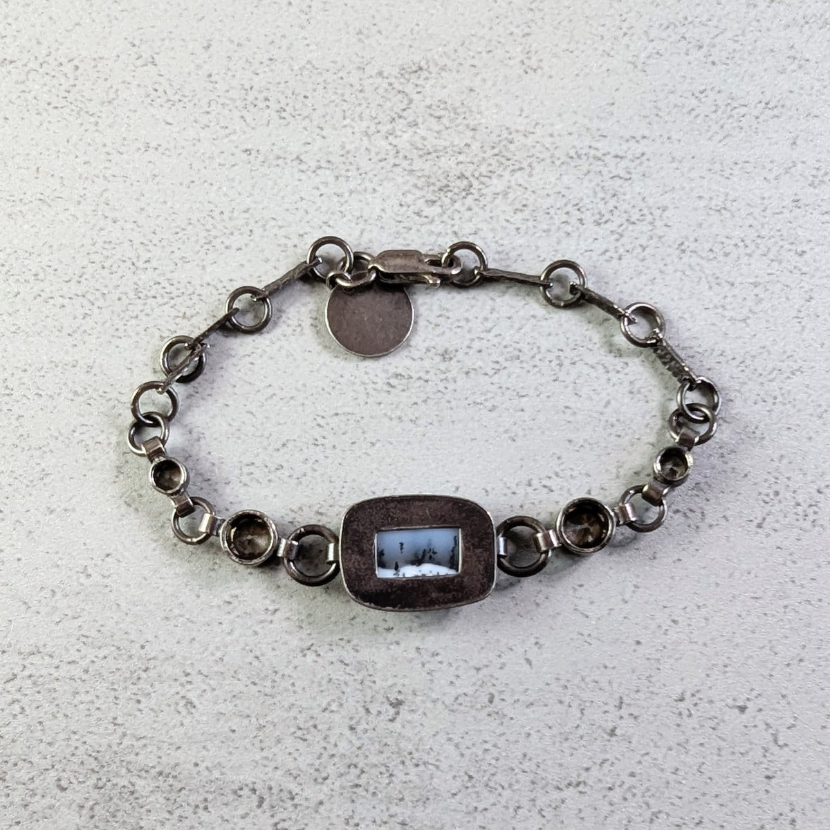 Dendritic Agate silver bracelet with Golden accents