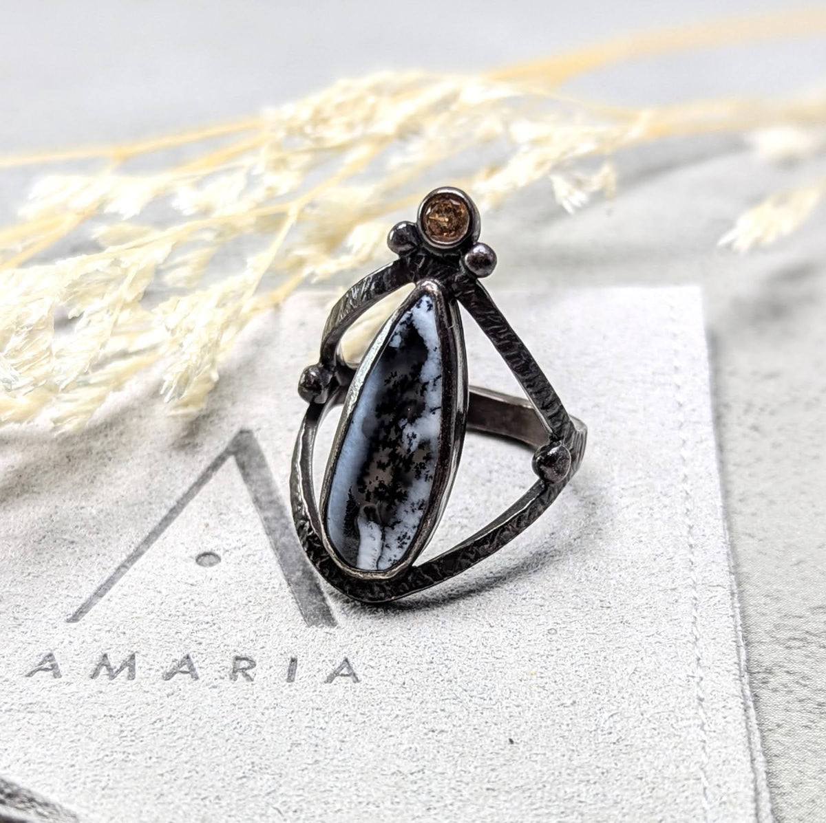 Dendritic Agate silver ring with golden accent