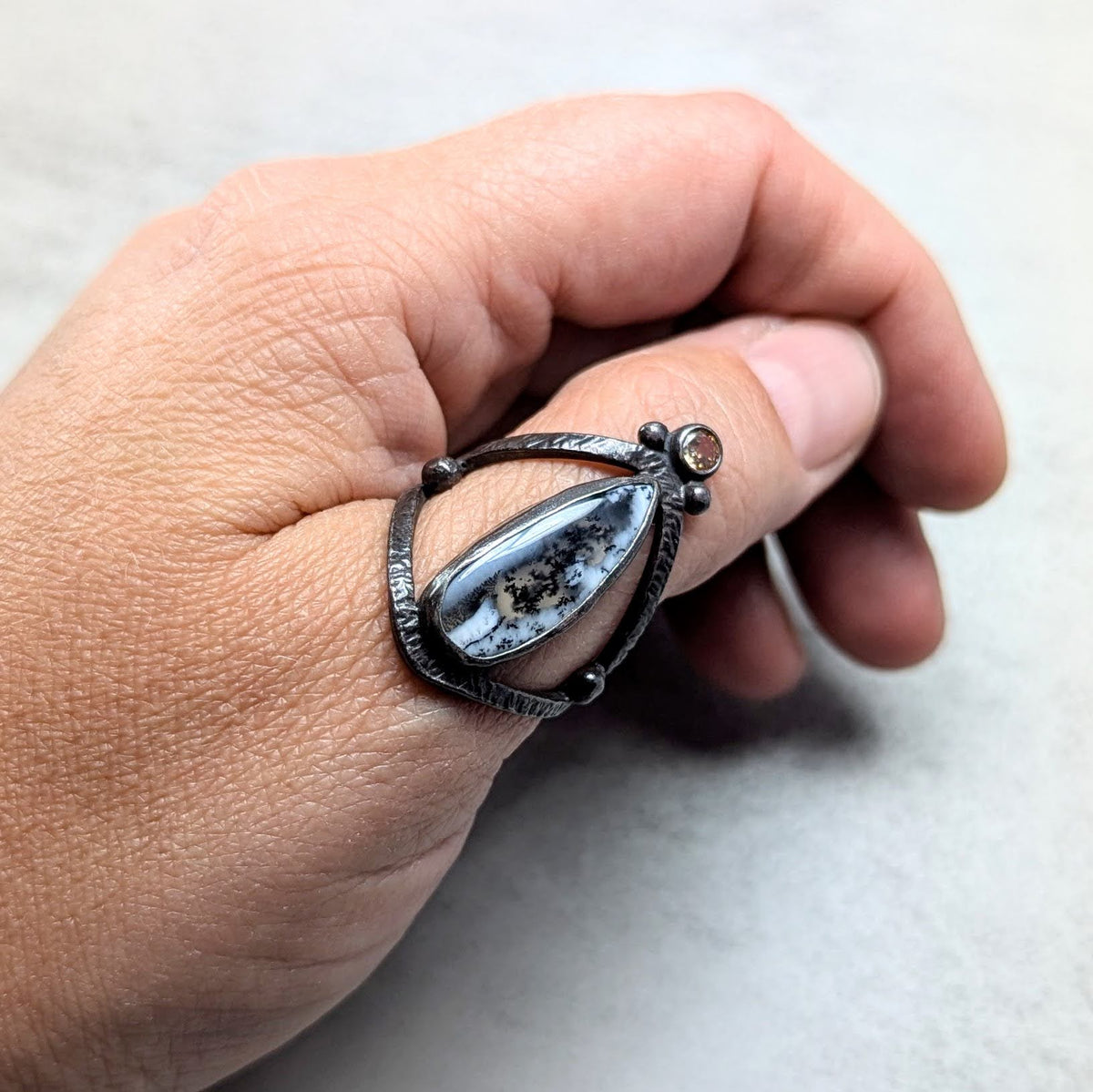 Dendritic Agate silver ring with golden accent