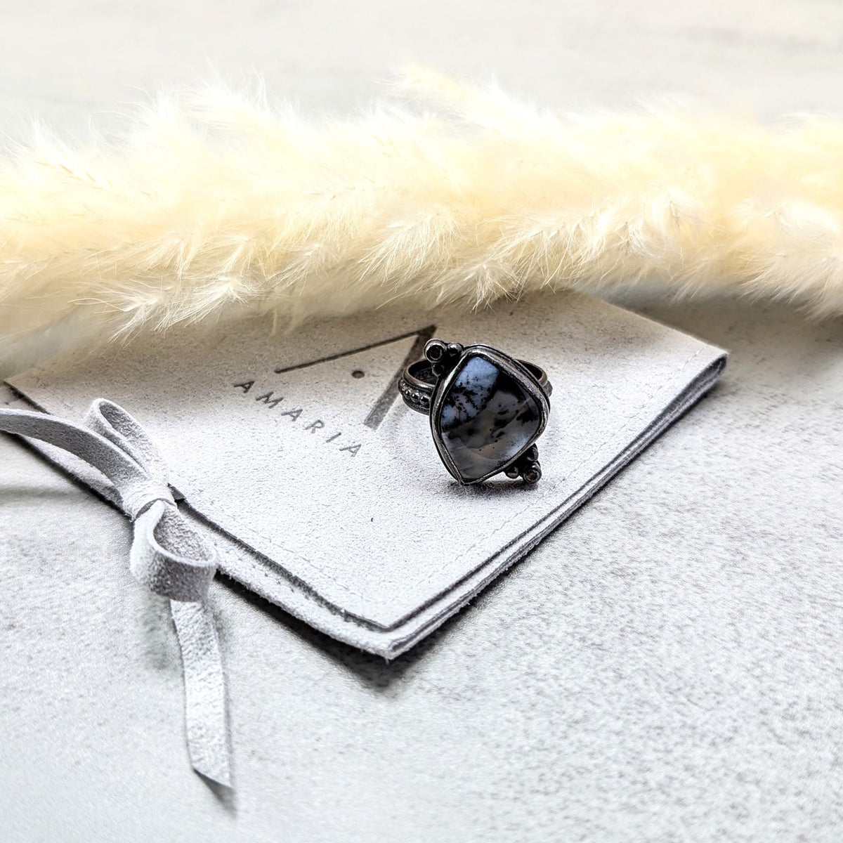 Dendritic agate silver ring with umber accent