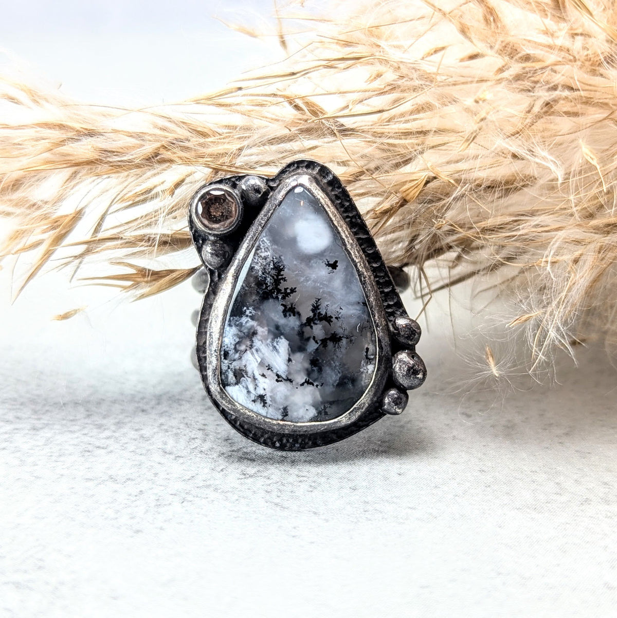 Dendritic agate silver ring with golden accent