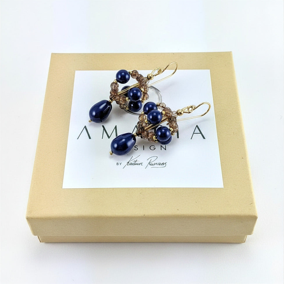 Dark lapis crystal pearl earrings