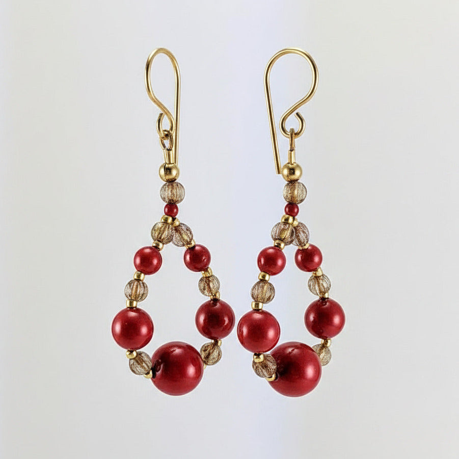 Coral red crystal pearl earrings