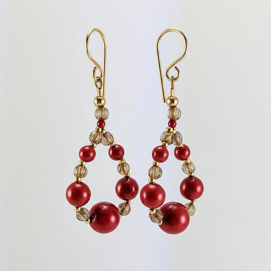 Coral red crystal pearl earrings