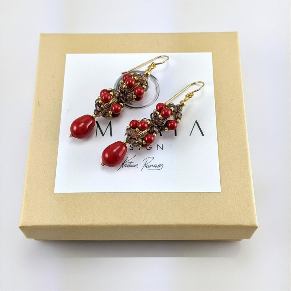 Coral Red crystal pearl earrings