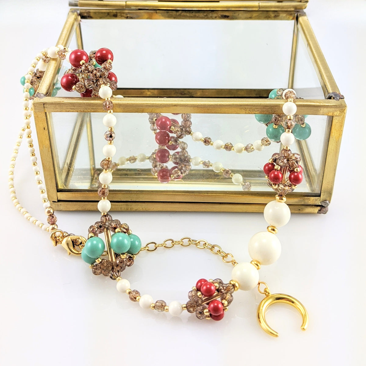 Tri - color crystal pearl necklace
