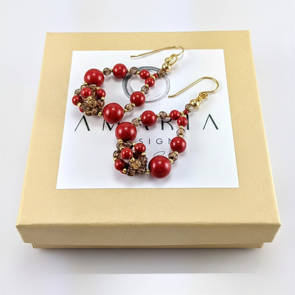 Coral red crystal pearl earrings