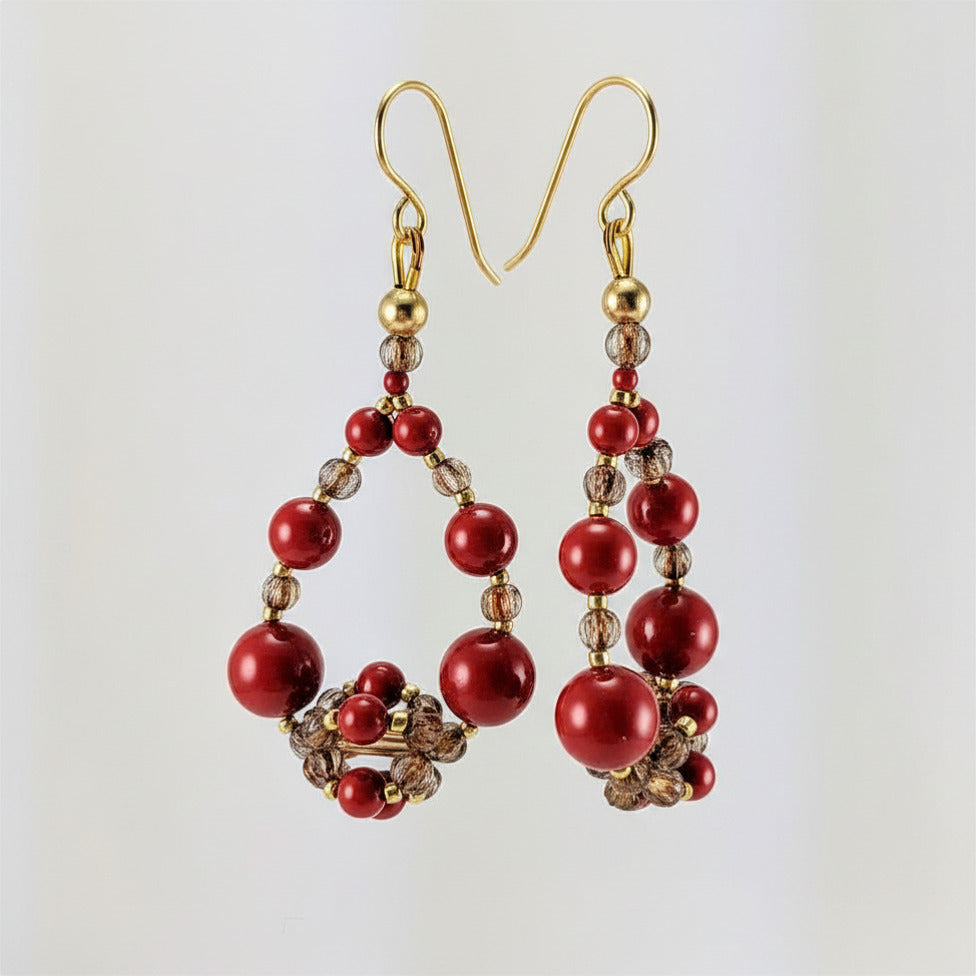 Coral red crystal pearl earrings