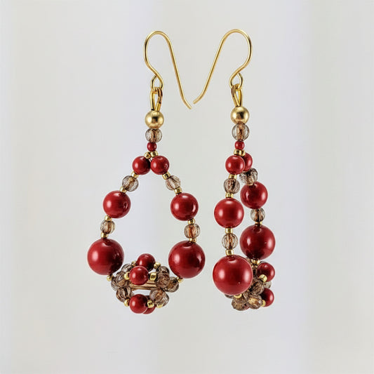 Coral red crystal pearl earrings