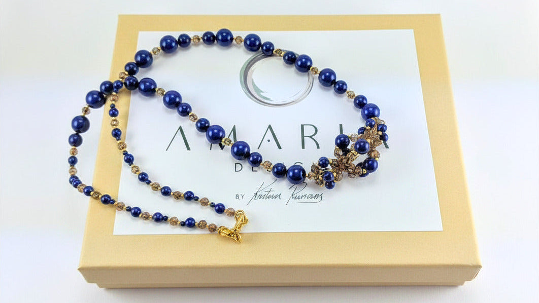 Dark lapis crystal pearl necklace