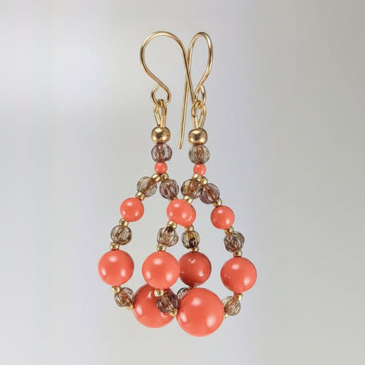 Coral crystal pearl earrings
