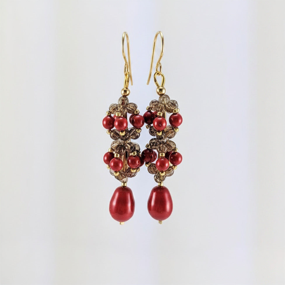 Coral Red crystal pearl earrings
