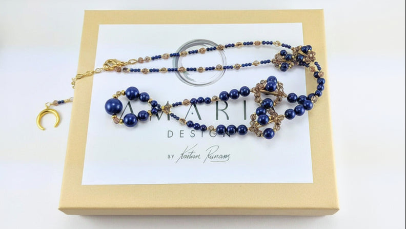 Dark lapis crystal pearl necklace